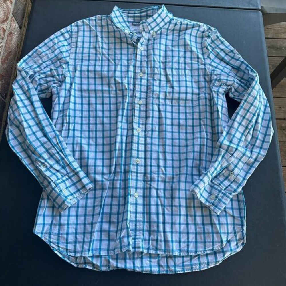 OId Navy‎ Shirt Mens Button Down Large Regular Fit White Blue Long Sleeve Plaid